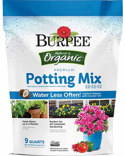 A close up square image of the packaging of Burpee's Organic Potting Mix.