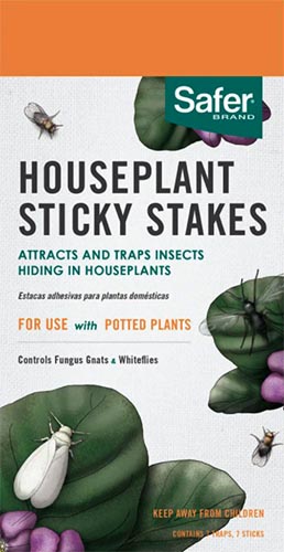 A close up vertical image of the packaging of Safer Brand Houseplant Sticky Stakes isolated on a white background.