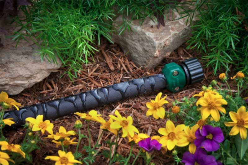 A close up horizontal image of the end of the Melnor Flat Soaker garden hose next to a planting of colorful annual flowers.