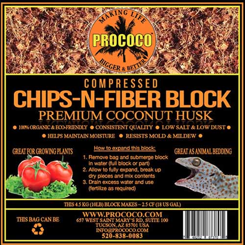 A close up square image of the packaging of Prococo Chips-N-Fiber Block Premium Coconut Husk isolated on a white background.