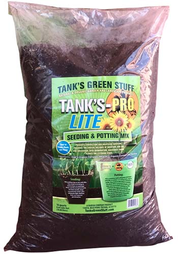 A close up vertical image of a bag of Tank's-Pro Lite Seedling and Potting Mix.