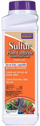 A close up vertical image of a bottle of Bonide Sulfur Plant Fungicide isolated on a white background.