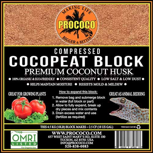A close up square image of the packaging of Prococo Compressed Cocopeat Block Premium Coconut Husk.