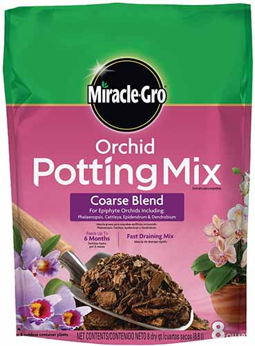 A close up vertical image of a bag of Miracle-Gro Orchid Potting Mix isolated on a white background.