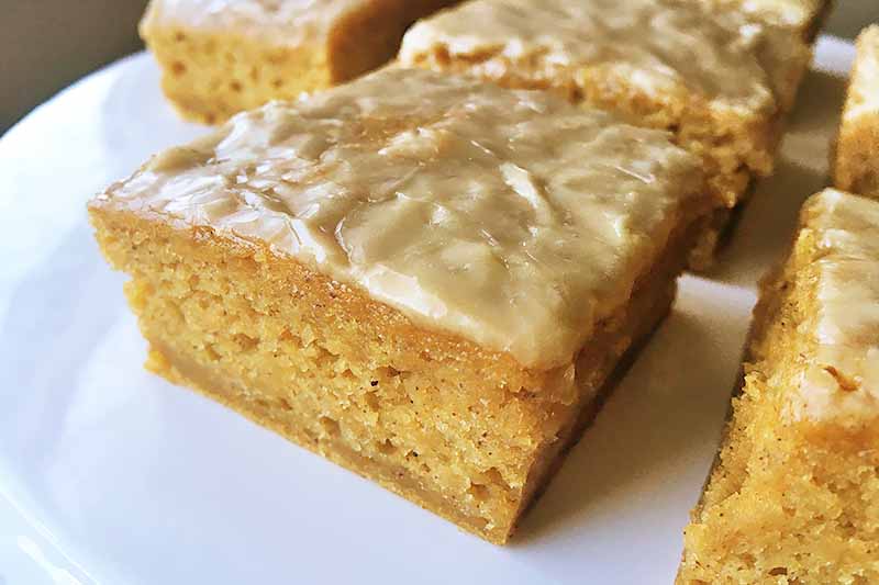 A close up horizontal image of sliced blondies topped with frosting set on a white plate.