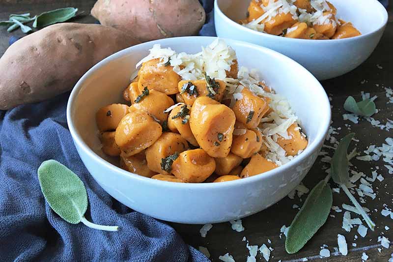 A close up horizontal image of a white bowl filled with sweet potato gnocchi topped with grated cheese.