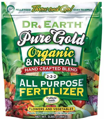 A close up square image of a bag of Dr Earth Pure Gold All Purpose Fertilizer isolated on a white background.