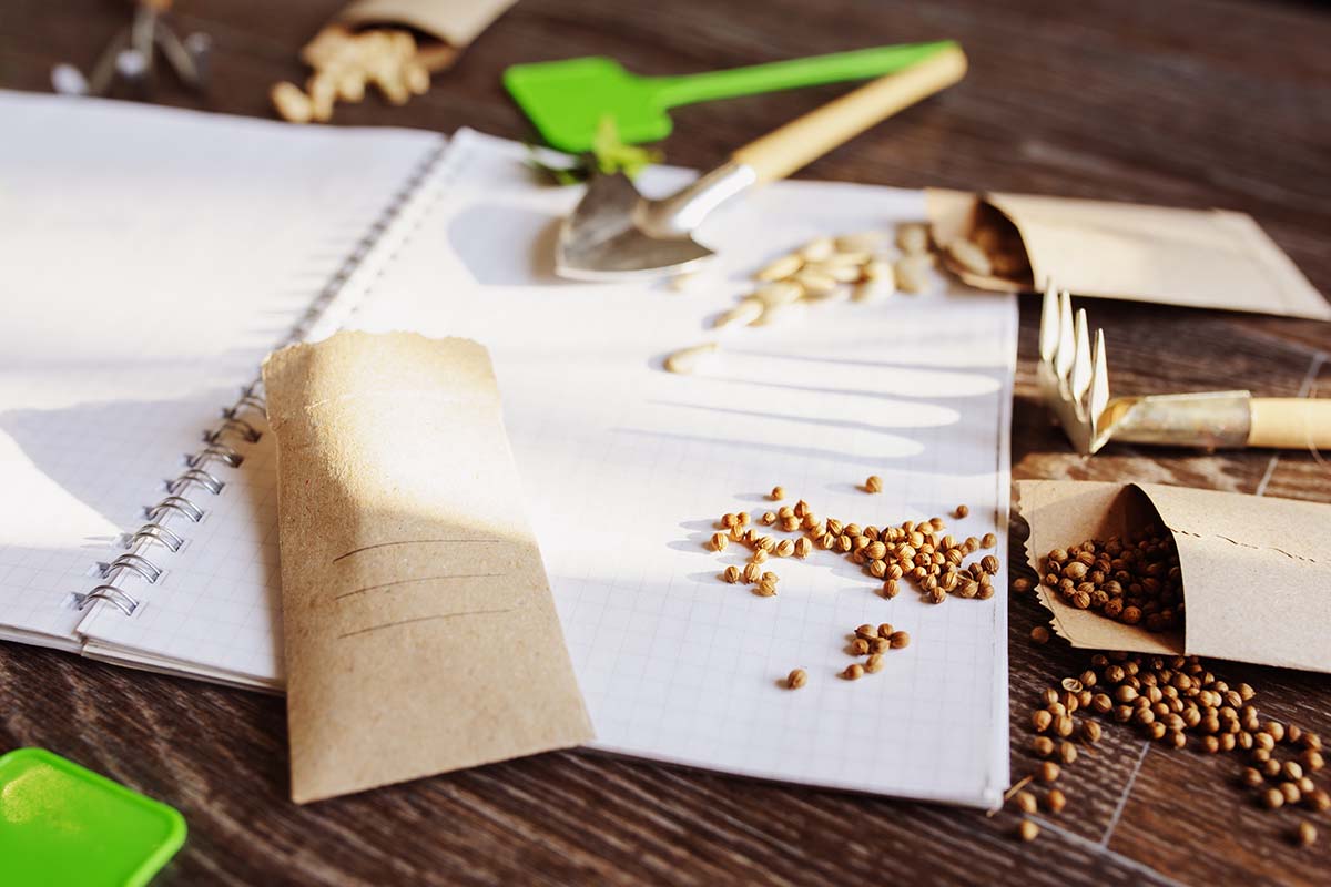 A horizontal image of an open garden journal with packets of seeds and tools scattered around on a wooden surface.