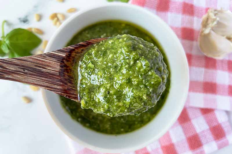 A close up horizontal image of freshly made pesto in a white bowl with a wooden spoonful above.