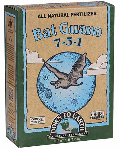 A close up square image of the packaging of Down to Earth's Bat Guano isolated on a white background.