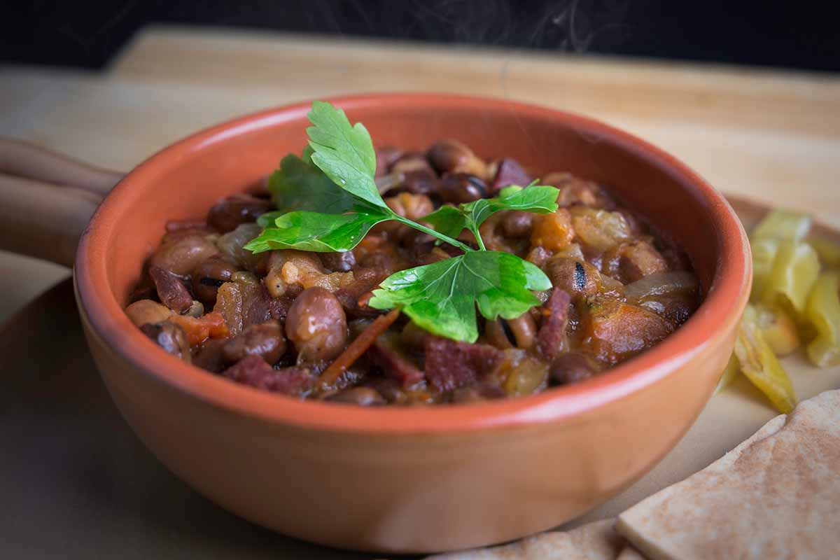 A close up horizontal image of a bowl of ful medames, a dish made from broad beans garnished with a sprig of parsley.
