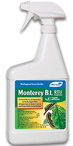 A close up vertical image of a bottle of Monterey Bt RTU spray isolated on a white background.