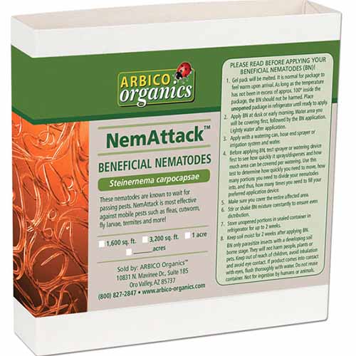 A close up square image of the packaging of Arbico Organics NemAttack Beneficial Nematodes isolated on a white background.