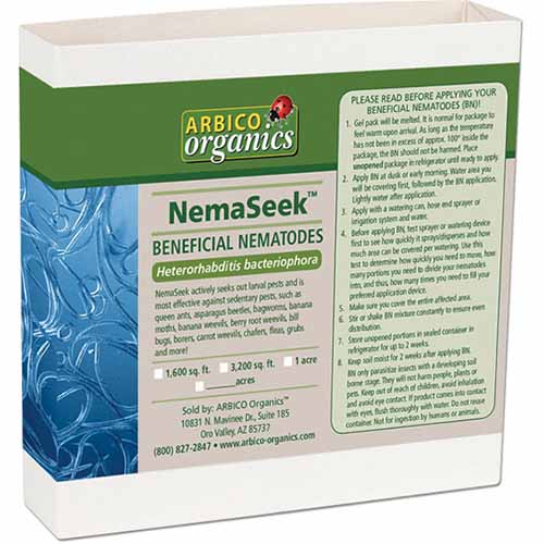 A close up of the packaging of Arbico Organics NemaSeek Beneficial Nematodes isolated on a white background.