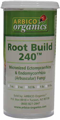 A close up of the packaging of Arbico Organics Root Build 240 isolated on a white background.