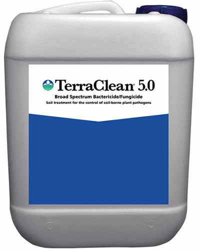 A close up of a bottle of TerraClean 5.0 Fungicide isolated on a white background.