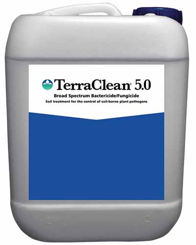 A close up of a jerry can of TerraClean 5.0 Fungicide isolated on a white background.