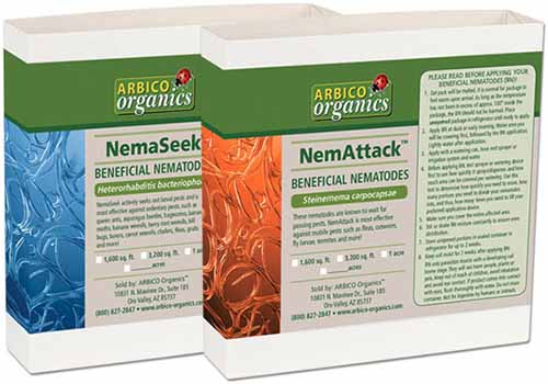 A close up of the packaging of Arbico Organics NemAttack and NemaSeek Beneficial Nematodes isolated on a white background.