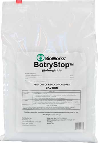 A close up of the packaging of BioWorks BotryStop Biofungicide isolated on a white background.