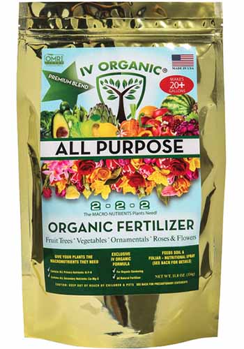 A close up of the packaging of IV Organic All Purpose Fertilizer isolated on a white background.