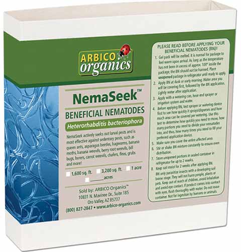 A close up horizontal image of Arbico Organics NemaSeek Beneficial Nematodes isolated on a white background.