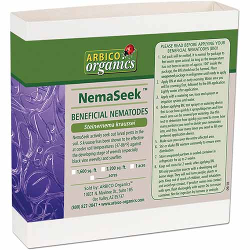 A close up of the packaging of NemaSeek Beneficial Nematodes isolated on a white background.