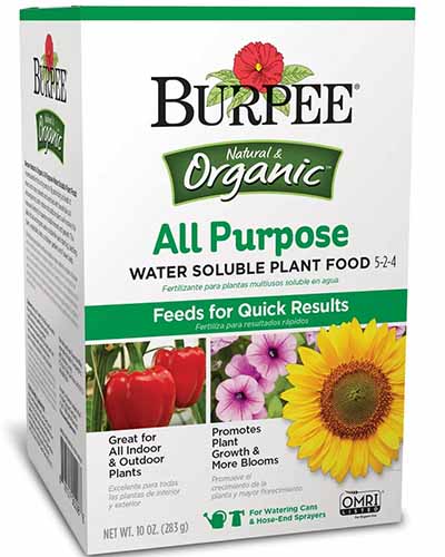 A close up of the packaging of Burpee All Purpose Water Soluble Plant Food isolated on a white background.