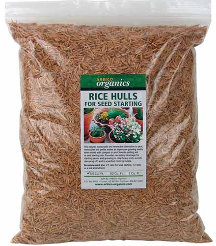 A close up of a bag of Arbico Organics Rice Hulls isolated on a white background.