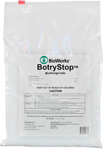 A close up of a bag of BioWorks BotryStop isolated on a white background.