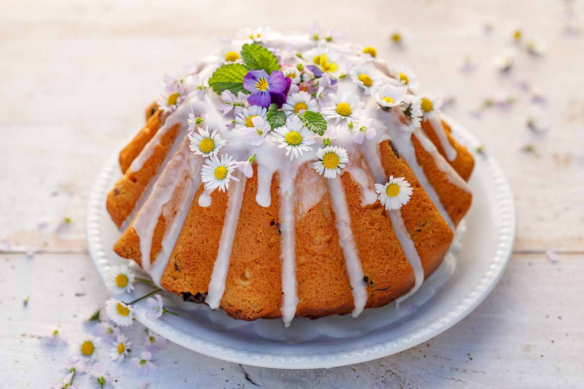 A close up horizontal image of an Easter cake with white frosting decorated with edible blooms.