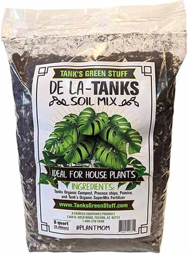 A close up of the packaging of Tank's Green Stuff De La Tank's Soil Mix isolated on a white background.