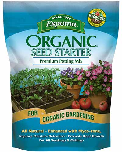 The packaging of Espoma Organic Seed Starter Premium Potting Mix isolated on a white background.