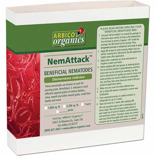 A close up of the packaging of NemAttack Beneficial Nematodes isolated on a white background.