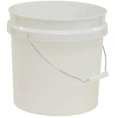 A close up square image of a two-gallon white bucket isolated on a white background.