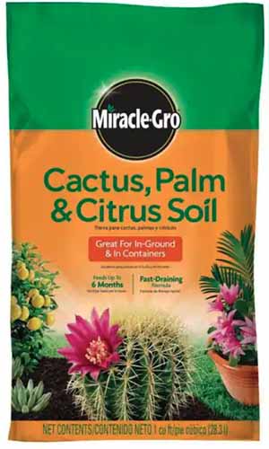 A close up of the packaging of Miracle Gro Cactus Palm and Citrus Soil isolated on a white background.