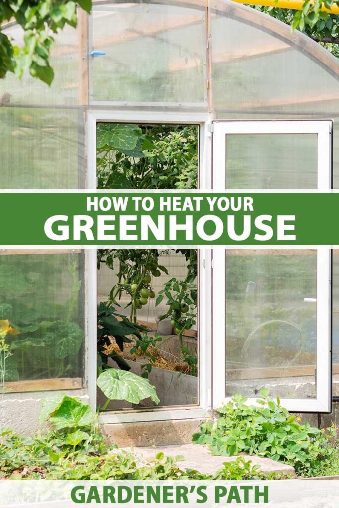 A vertical image of a greenhouse with the door open in the backyard. To the center and bottom of the frame is green and white printed text.