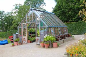 A horizontal image of a greenhouse in the backyard with pots and cold frames outside it.