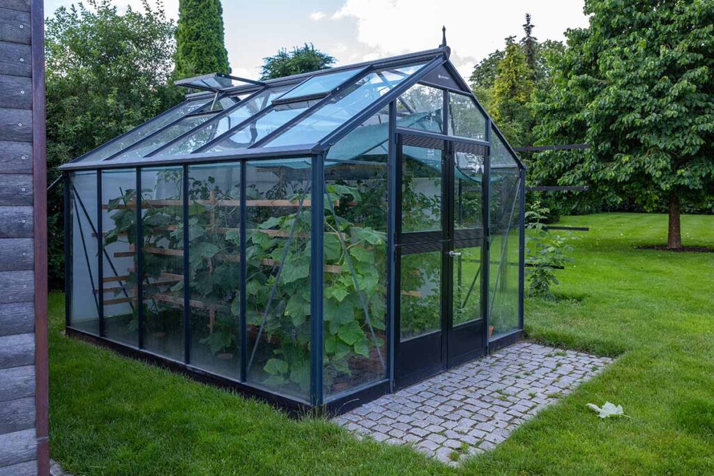 A close up horizontal image of a small greenhouse in a backyard garden.
