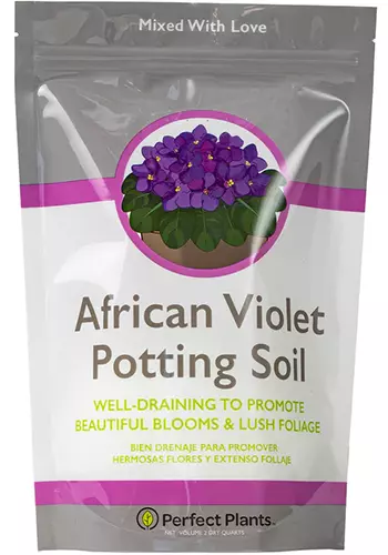 A close up of the packaging of a bag of African Violet Potting Soil isolated on a white background.