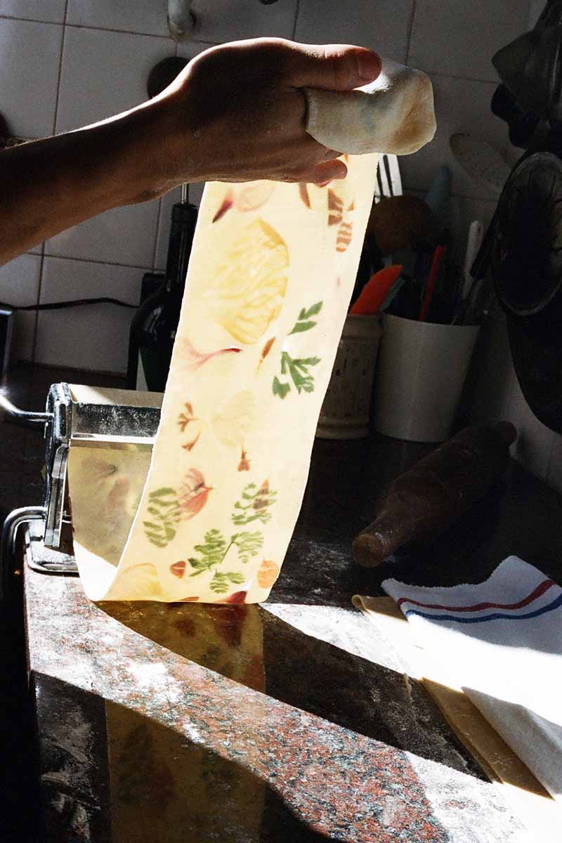 A close up vertical image of a cook making pasta that has edible flowers in the dough.