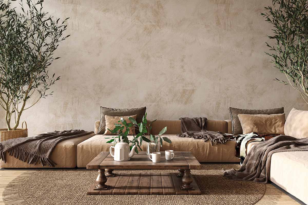 A horizontal image of a beige living room interior with a large sofa flanked with olive trees growing in containers.
