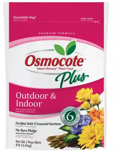 A close up of the packaging of Osmocote Plus Outdoor and Indoor plant food.