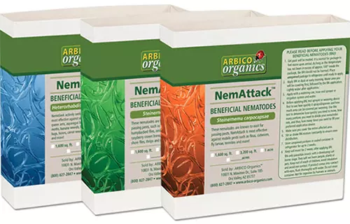 A close up horizontal image of the packaging of Arbico Organics Triple Threat Beneficial Nematodes bundle isolated on a white background.