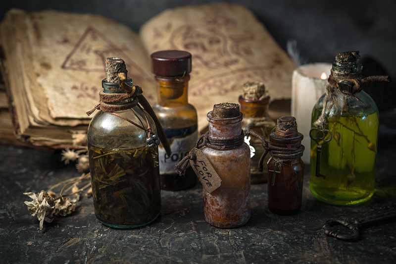 A close up horizontal image of a spooky scene with magic potions in bottles and ancient books in the background.