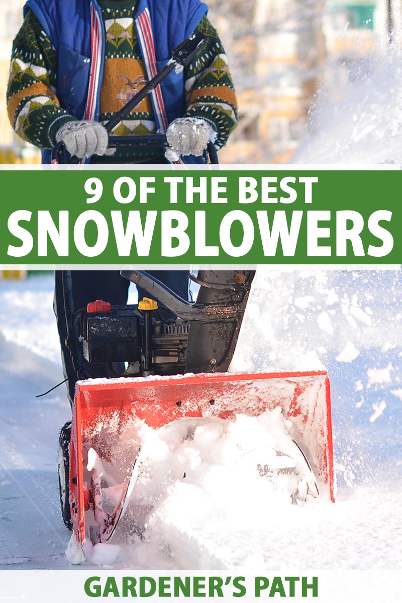 A vertical image of a gardener using a large snowblower to clear deep snow from a driveway. To the center and bottom of the frame is green and white printed text.
