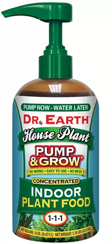 A close up of a bottle of Dr Earth House Plant Pump and Grow Indoor Plant Food isolated on a white background.