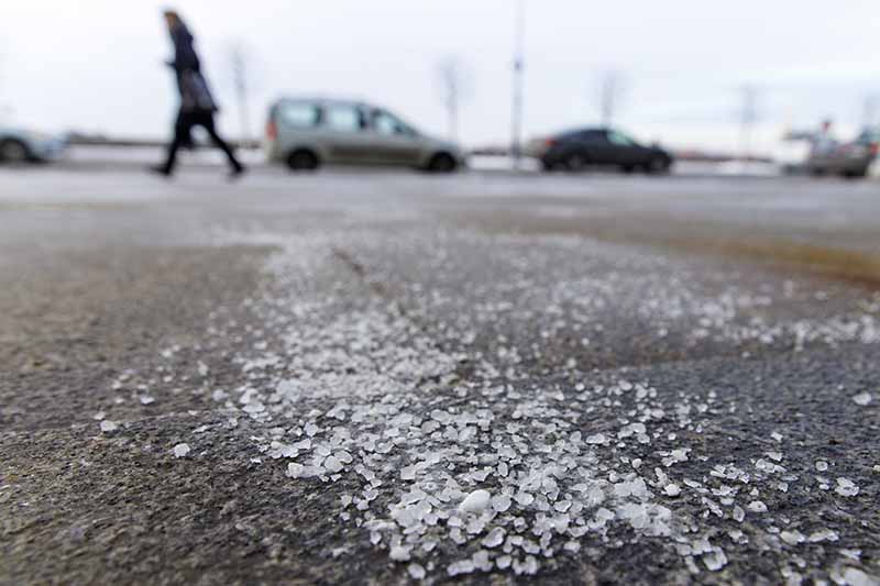 A horizontal image of de-icing chemicals sprinkled on a road in winter.