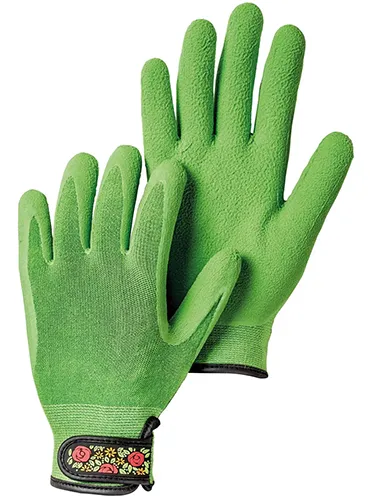 A close up of green bamboo gardening gloves isolated on a white background.