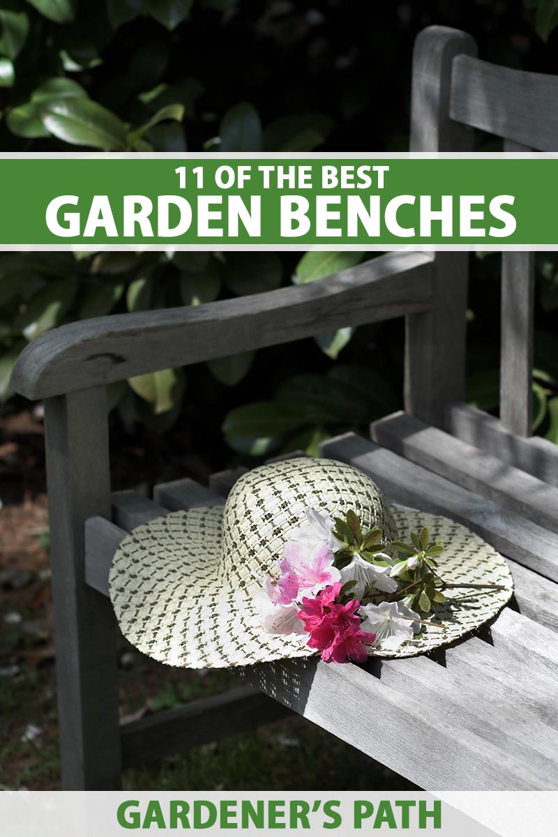 A vertical image of a tranquil garden scene with a wooden bench and a straw hat decorated with flowers set on the seat. To the top and bottom of the frame is green and white printed text.