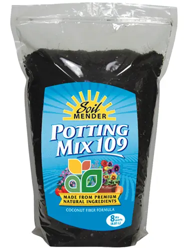 A close up of the packaging of soil mender potting mix 109 isolated on a white background.